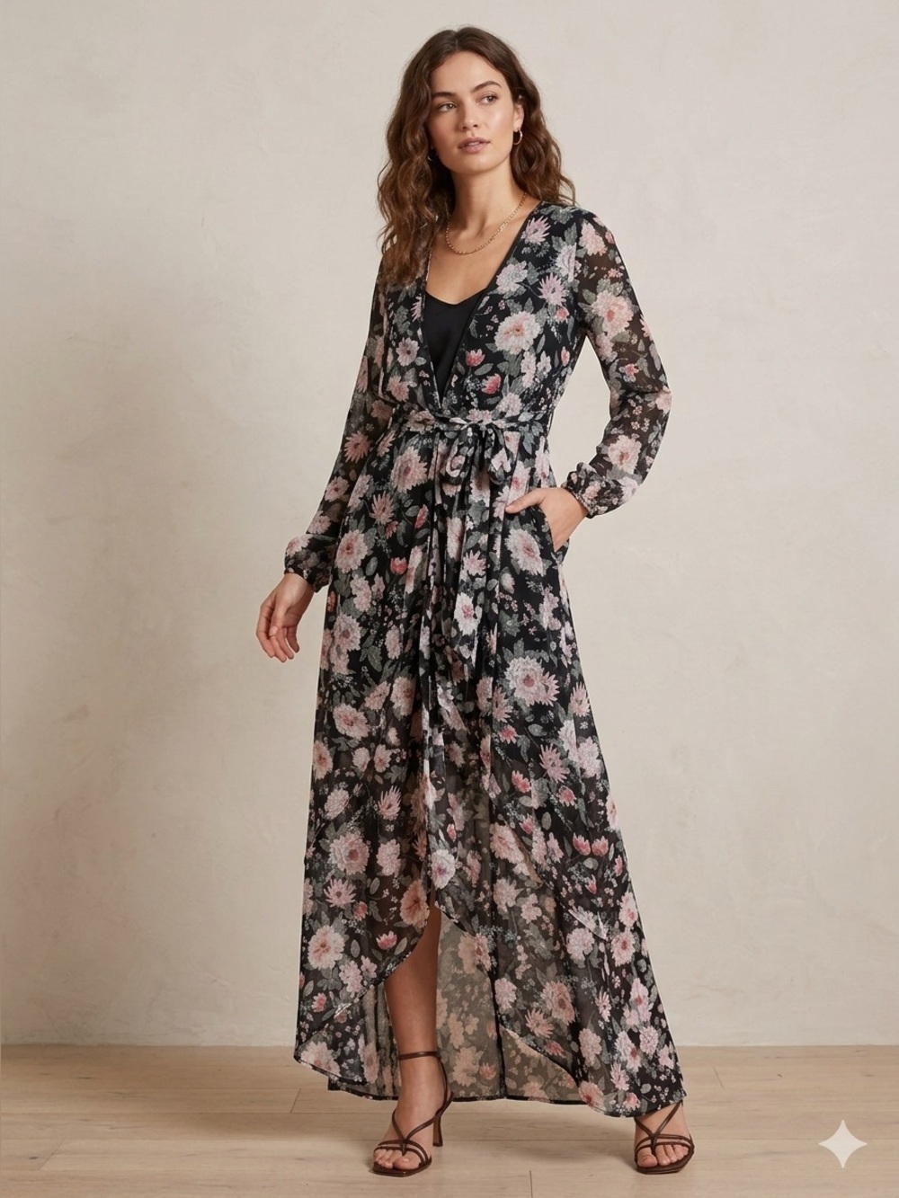 NWT Joneplusone Sheer Chiffon Floral Wrap Maxi Dress in Black and Pink